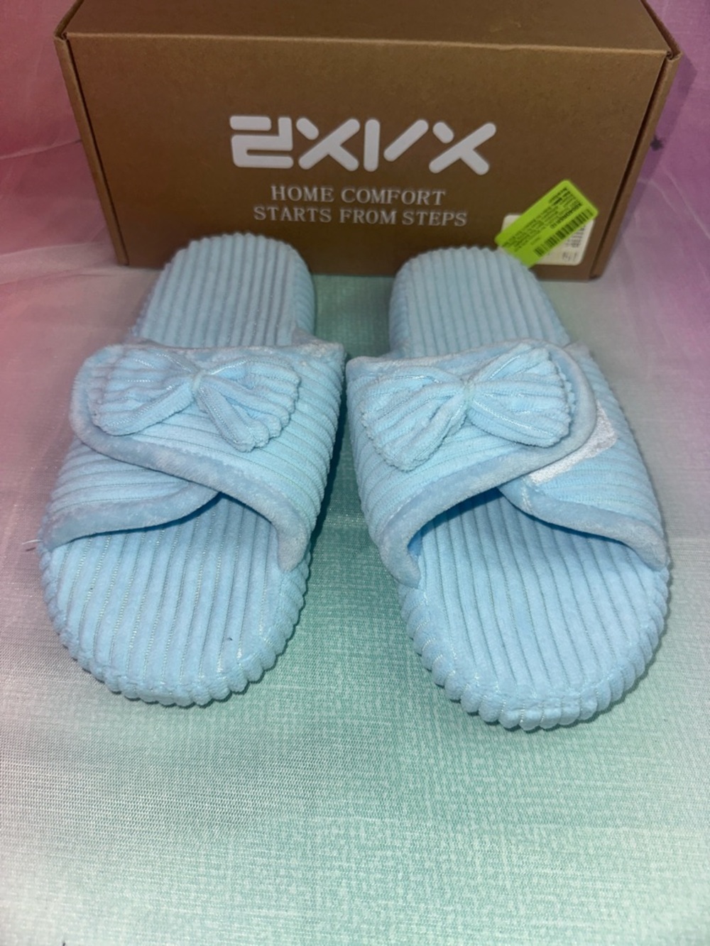 Baby Blue Ribbed Bow Slide Slippers